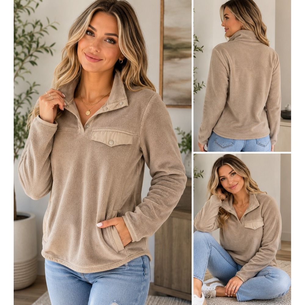 32 Degrees Heat Womens Fleece Pullover Snap Neck Tan Beige Jacket Small
